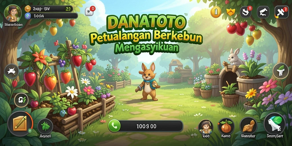 Screenshot gameplay DANATOTO menampilkan kebun yang subur dan berwarna-warni.