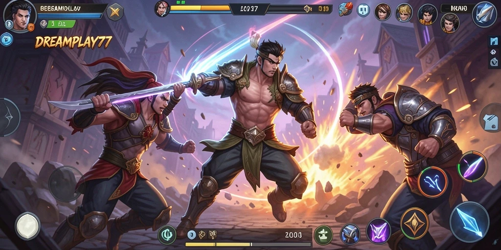 Screenshot utama menunjukkan pertarungan dinamis dengan karakter unik dari DREAMPLAY77.