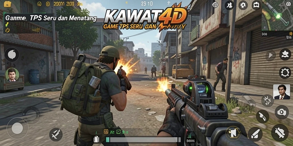 Gameplay KAWAT4D dengan aksi tembak-tembakan yang seru.