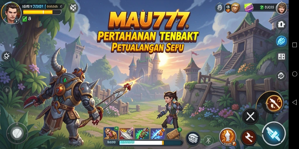 Screenshot gameplay MAU777 menampilkan aksi menara bertahan melawan gelombang musuh.
