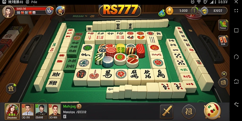Tampilan gameplay RS777 yang menarik dengan ubin Mahjong warna-warni.